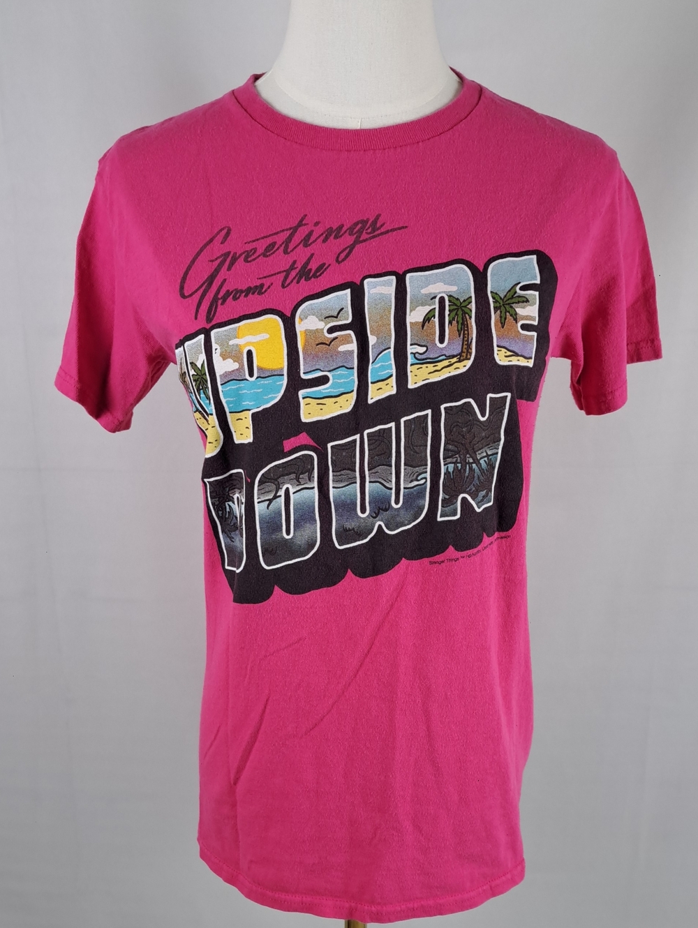 Stranger Things "Greeting from the Upside Down" Hot Pink Postcard Graphic Tee S